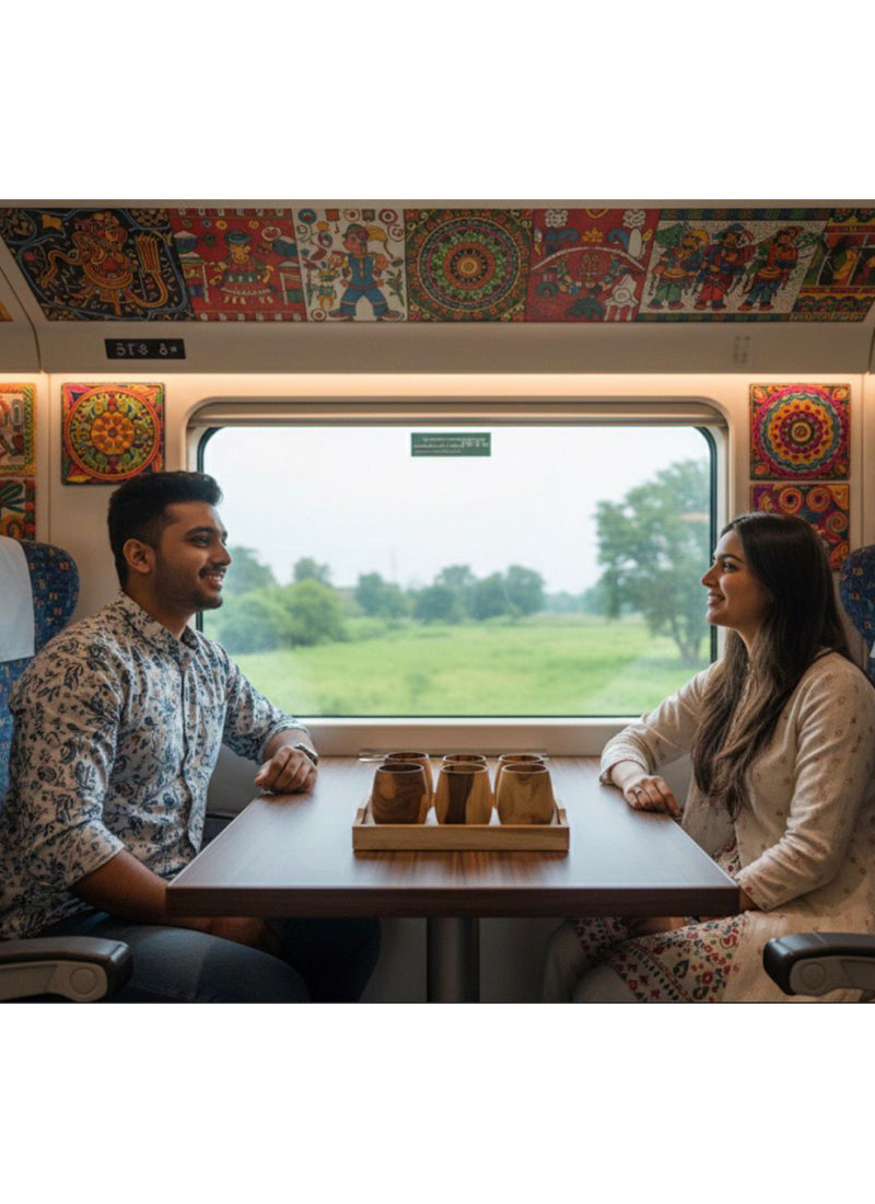 Two people sitting at a table on a train looking out the window at a scenic view.