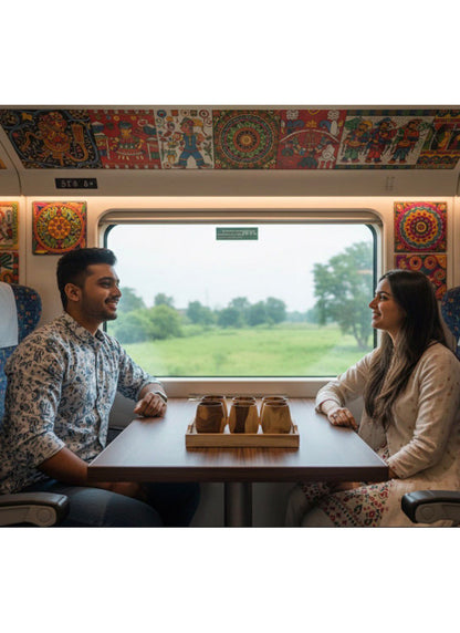 Two people sitting at a table on a train looking out the window at a scenic view.