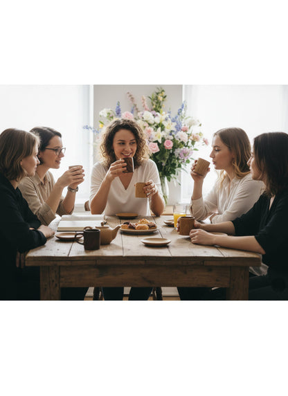 Group of women sitting around a wooden table, enjoying a meal together.