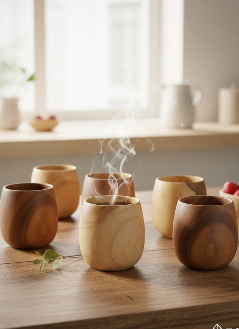Wooden cups on a table with steam rising from one of them, in a bright room.