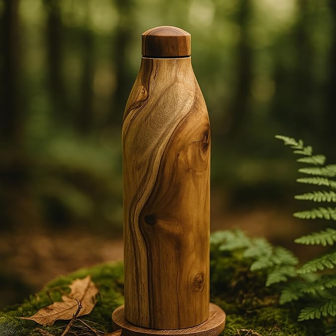 Wooden water bottle with a natural finish on a green forest background