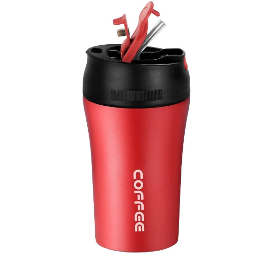 Red coffee tumbler with a black lid on a white background