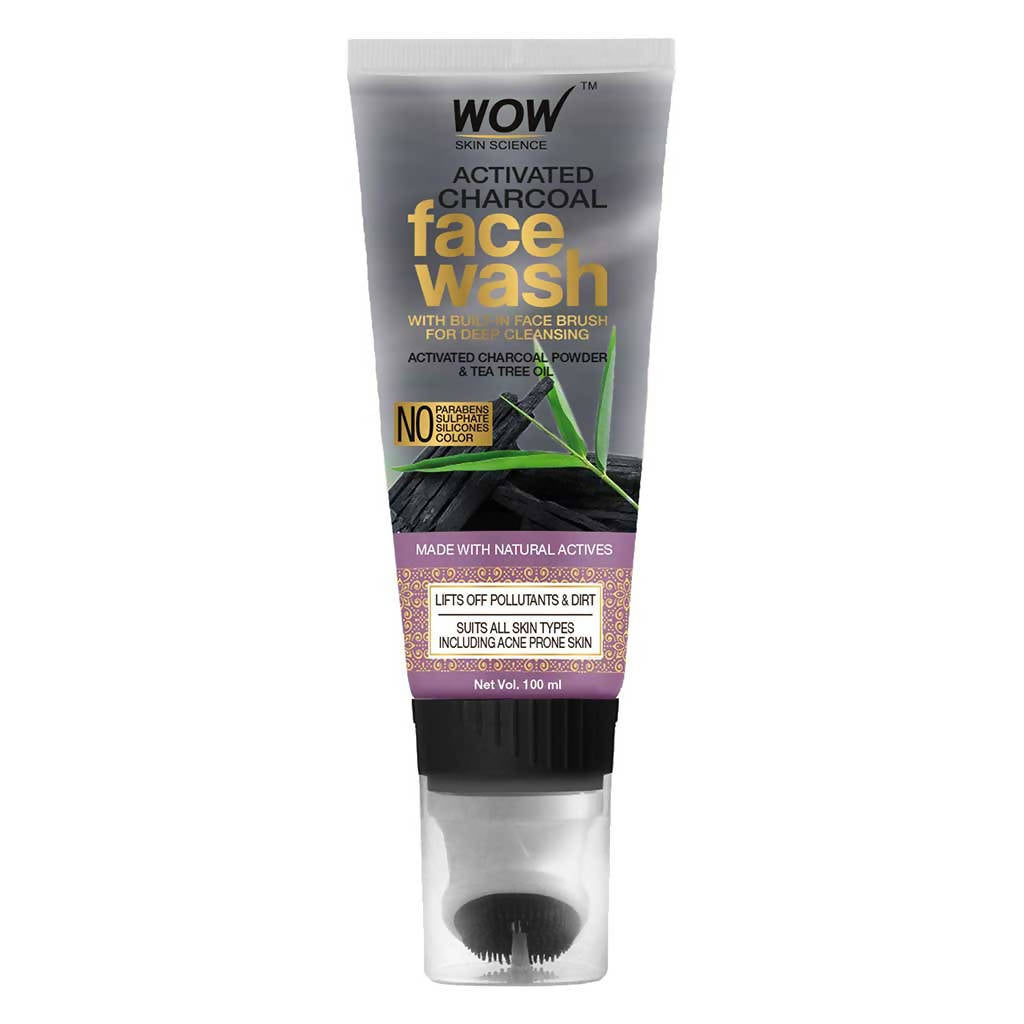 Tube of WOW Activated Charcoal Face Wash with brush on a white background