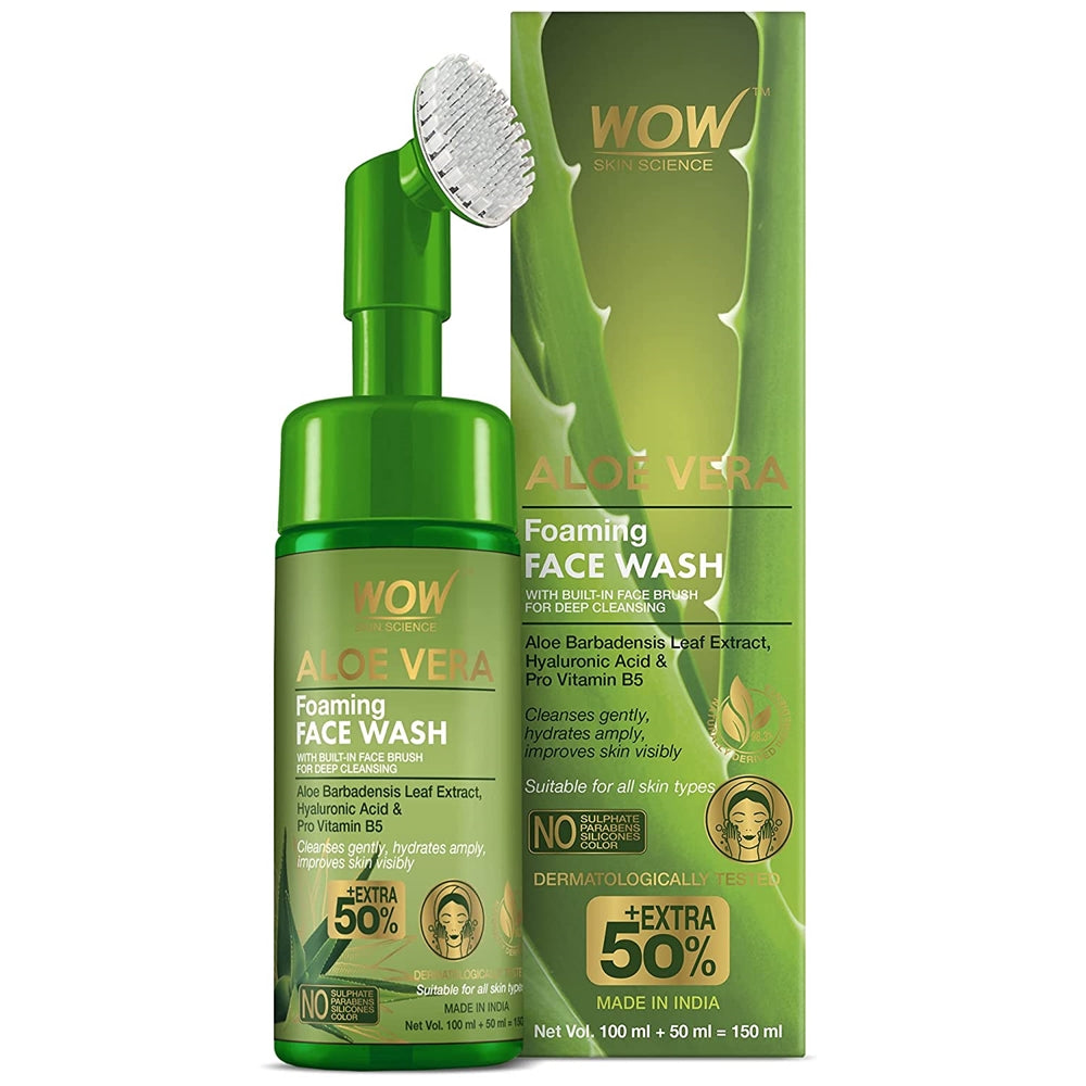 Green bottle and box of WOW Aloe Vera Foaming Face Wash on a white background