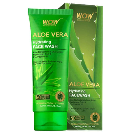 Green aloe vera face wash packaging with Wow Skin Science branding on a white background