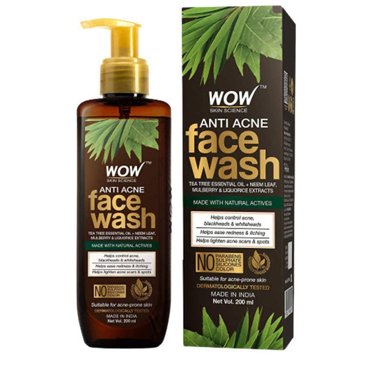 Packaging of Wow Skin Science Anti Acne Face Wash with a pump bottle and a box displaying the product information. The box has green leaves and the text mentions natural active ingredients.