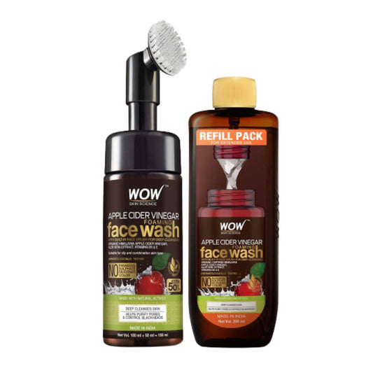 Two bottles of WOW Apple Cider Vinegar Face Wash with a brush on a white background