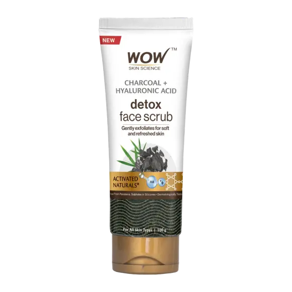 Tube of WOW Skin Science detox face scrub with charcoal and hyaluronic acid on a white background