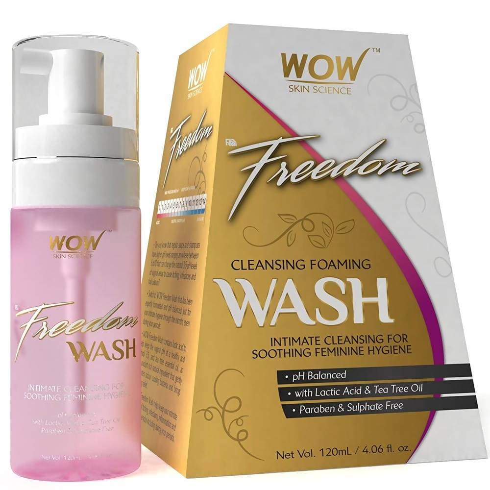 Pink bottle and box of WOW Freedom Cleansing Foaming Wash on a white background