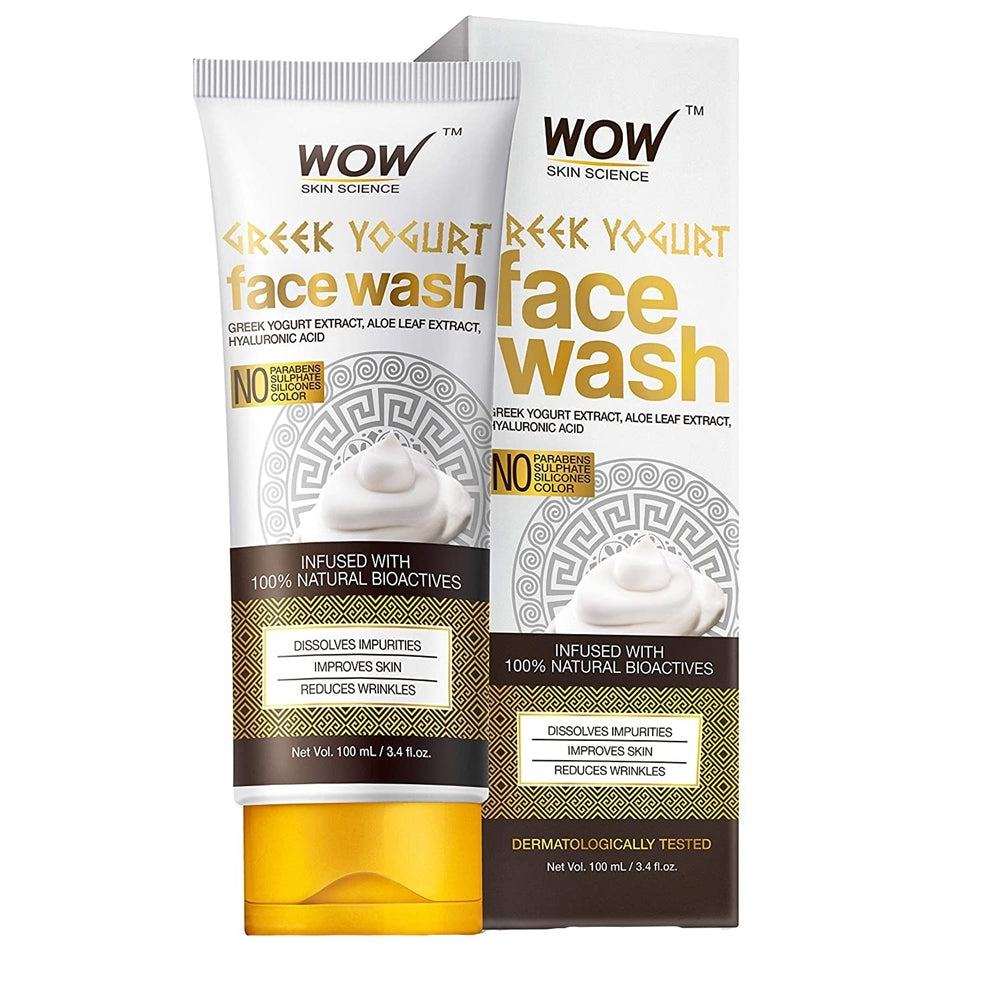 Two bottles of WOW Skin Science Greek Yogurt face wash on a white background