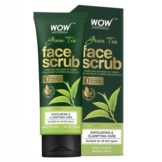 Green Tea face scrub packaging with Wow Skin Science branding on a white background