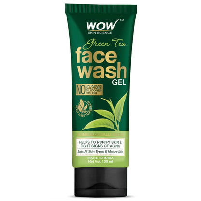 Green tea face wash gel tube with Wow Skin Science branding on a white background