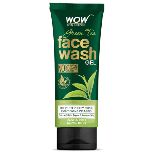 Green tea face wash gel tube with Wow Skin Science branding on a white background