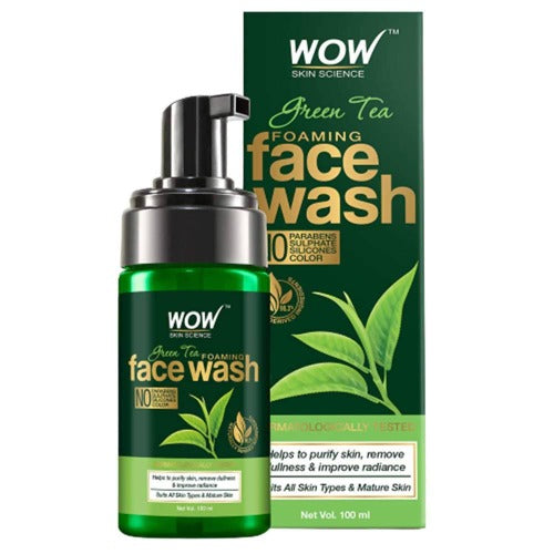 WOW Skin Science Green Tea Foaming Face Wash with packaging on a white background