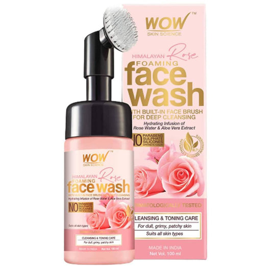 Packaging of Wow Skin Science Himalayan Rose Foaming Face Wash with a pump bottle and brush, pink and white color scheme, and rose images.