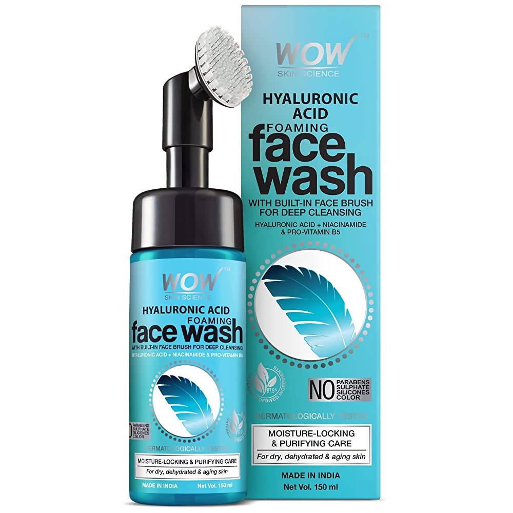 WOW Skincare Hyaluronic Acid Foaming Face Wash with face brush on a white background