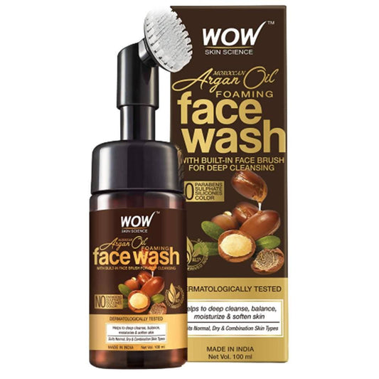 Wow Argan Oil Foaming Face Wash with face brush on a white background