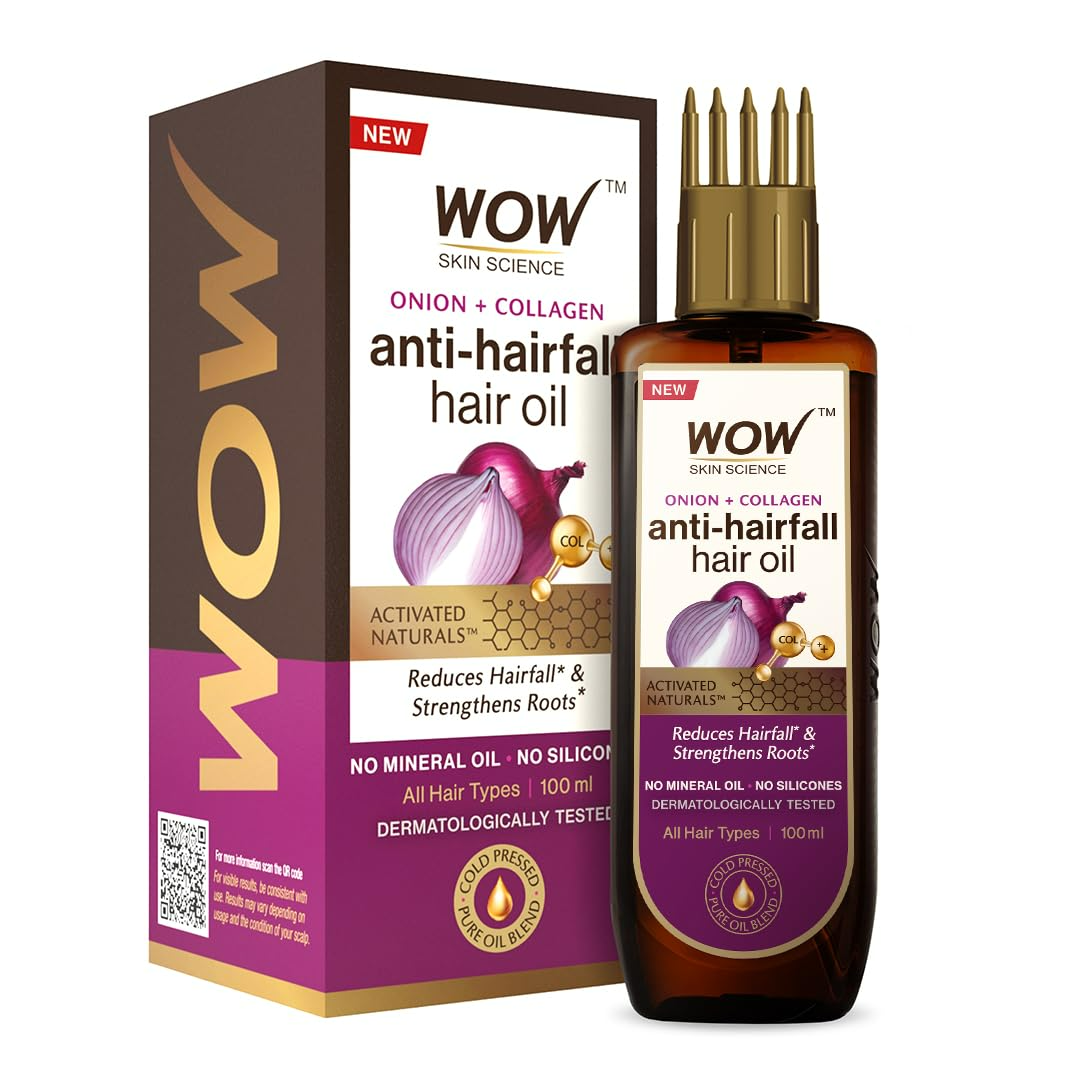 Packaging of Wow Skin Science Onion & Collagen Anti-Hairfall Hair Oil with a bottle and box, displaying product information and branding.