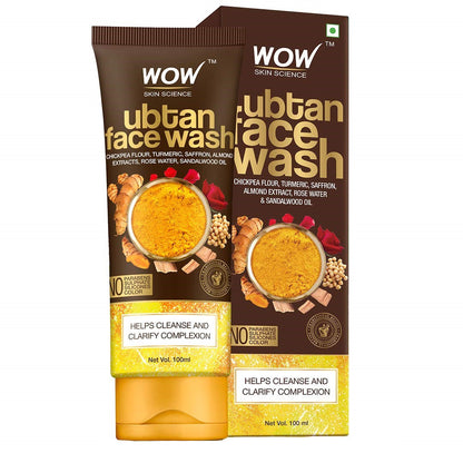 Packaging of Wow Skin Science Ubtan Face Wash with a depiction of the product and its ingredients such as turmeric and saffron extracts.