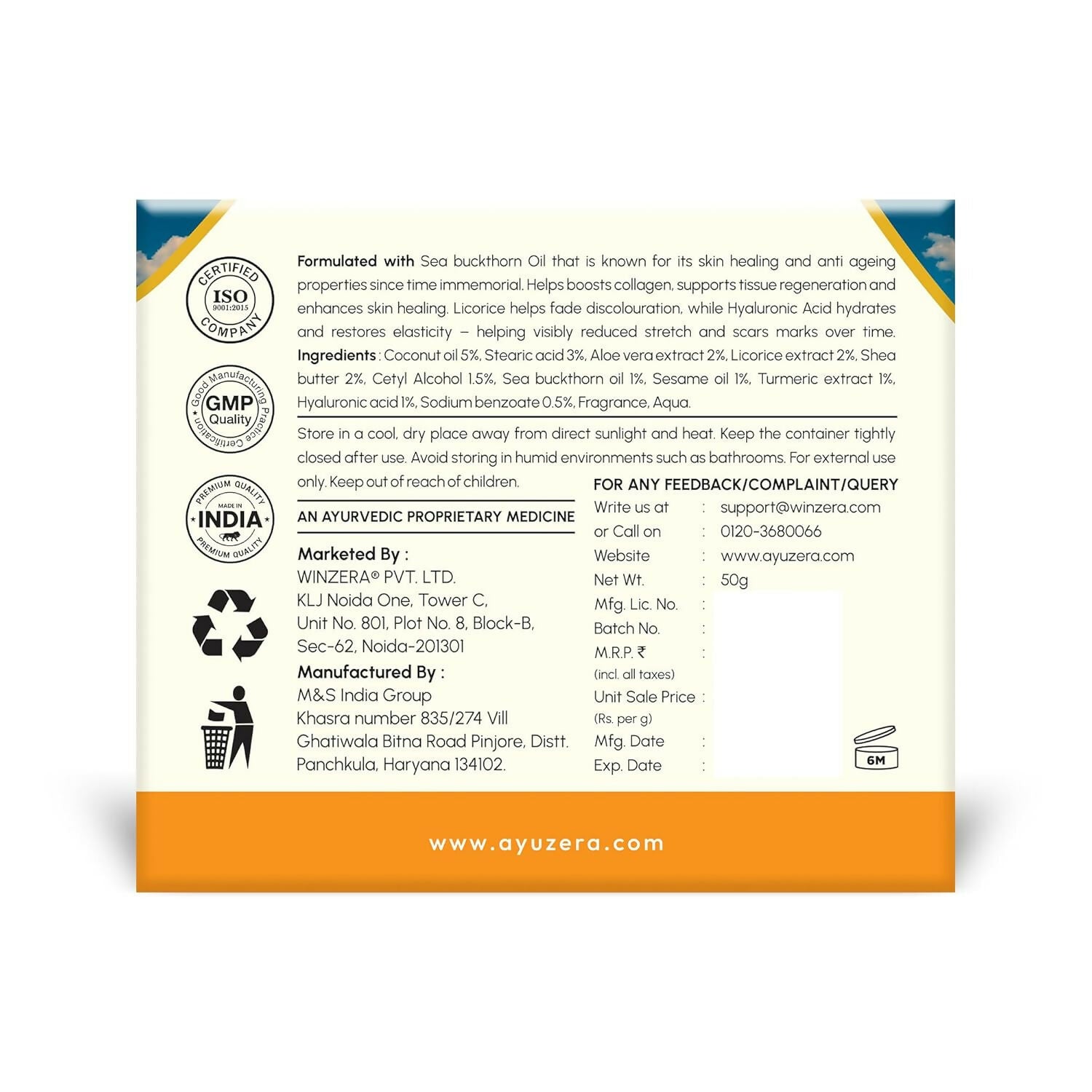 Wellwith Stretch & Scar Cream with Seabuckthorn Oil, Licorice & Hyaluronic Acid
