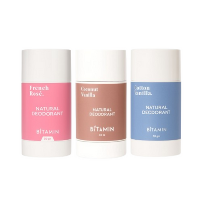 Bitamin Natural Deodorant Cotton Vanilla, Coconut Vanilla, Freneh Rose Roll On