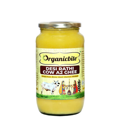 Organicbite Desi Rathi Cow A2 Ghee | Vedic Bilona Method, Curd-Churned Excellence in Grass-Fed Rathi Cow Ghee,Pure & Healthy, Packed in Glass Jar
