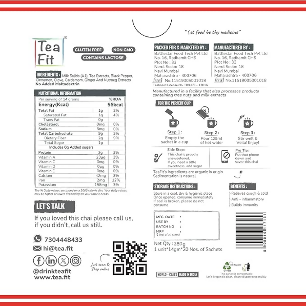 TeaFit Premium NO SUGAR Instant Masala Tea Premix