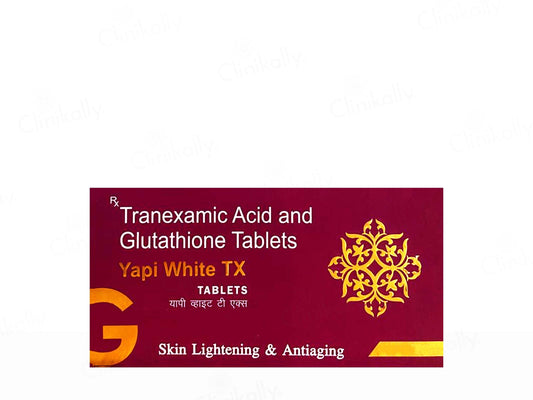 Box of Tranexamic Acid and Glutathione Tablets with maroon and gold design on a white background