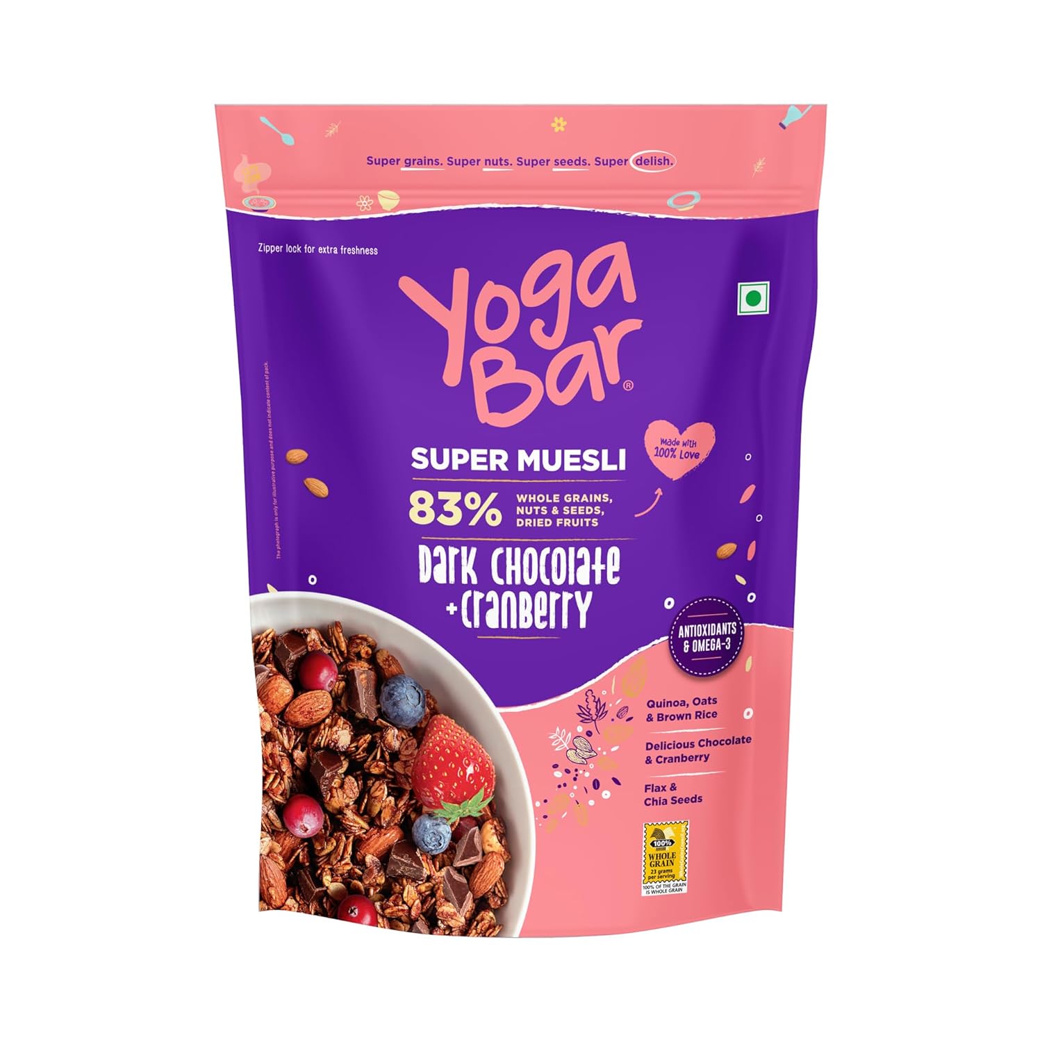 Yoga Bar Super Muesli package with dark chocolate and cranberry flavor on a white background