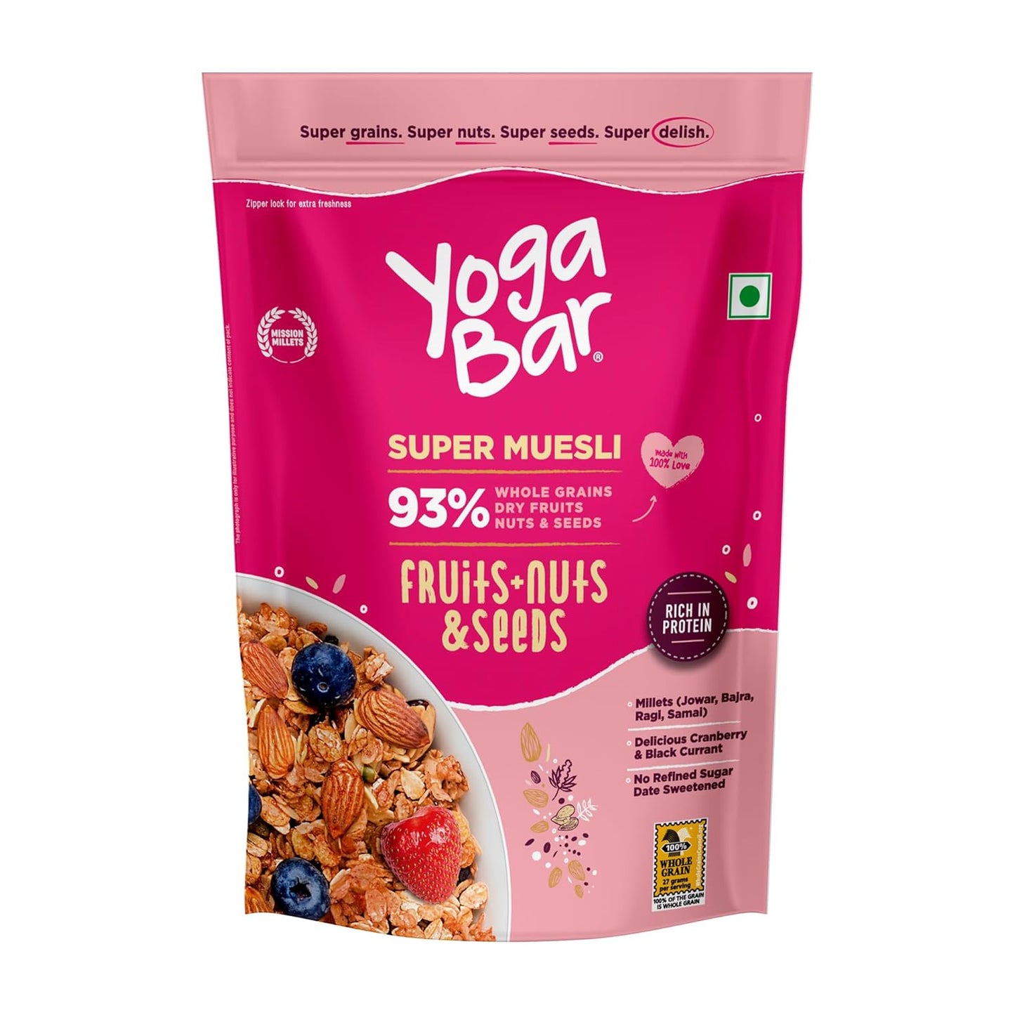 Yoga Bar Super Muesli packaging with pink background and muesli image.