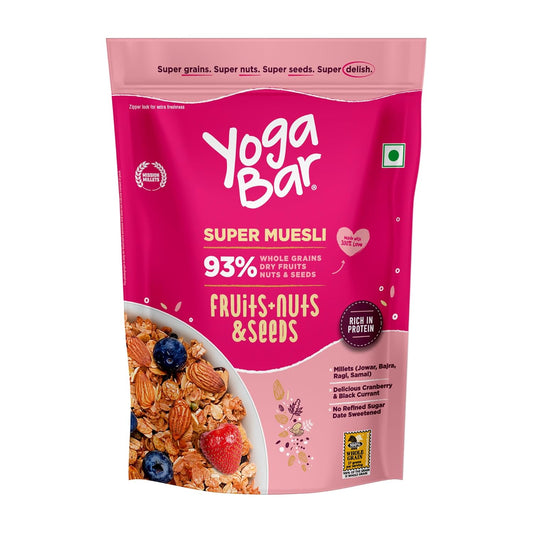 Yoga Bar Super Muesli packaging with pink background and muesli image.