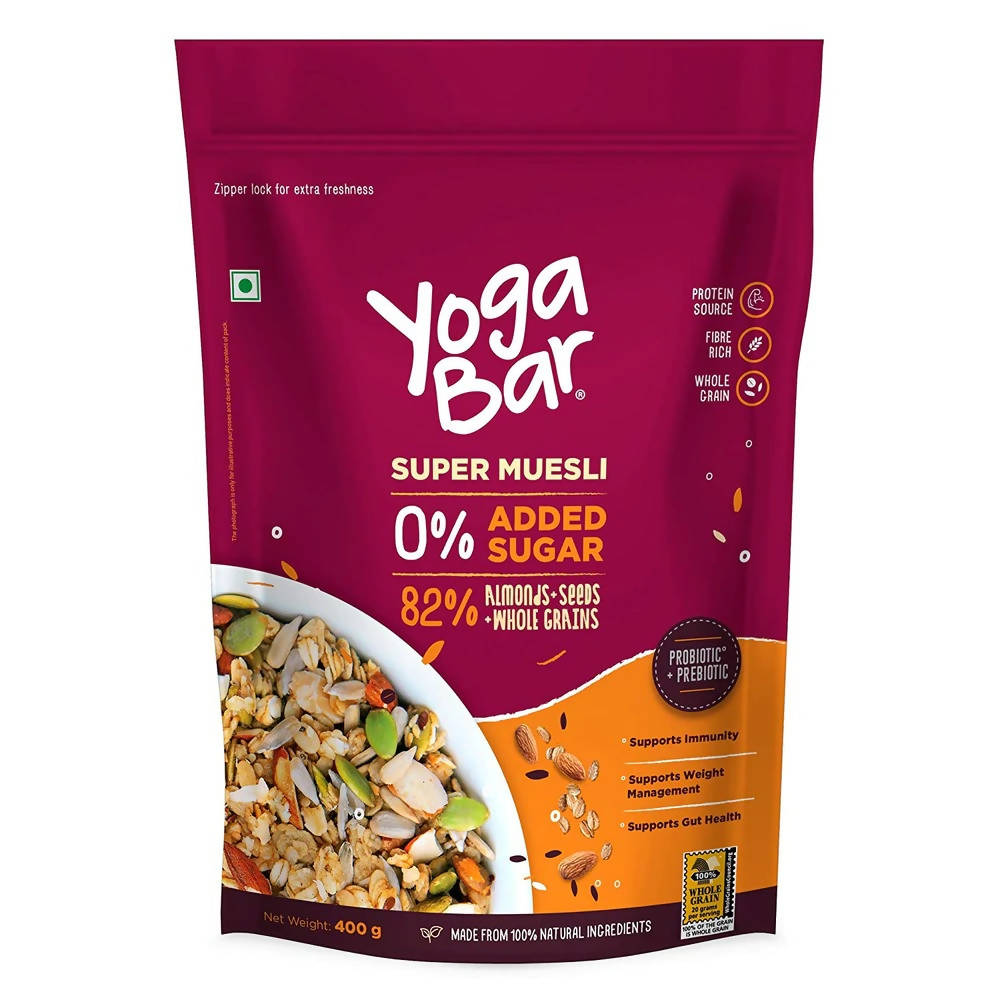 Yoga Bar Super Muesli package with text about added sugar and ingredients on a white background