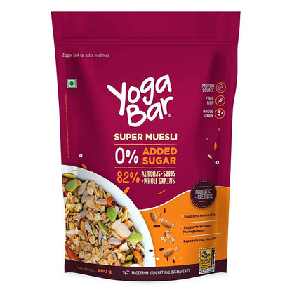 Yoga Bar Super Muesli package with text about added sugar and ingredients on a white background