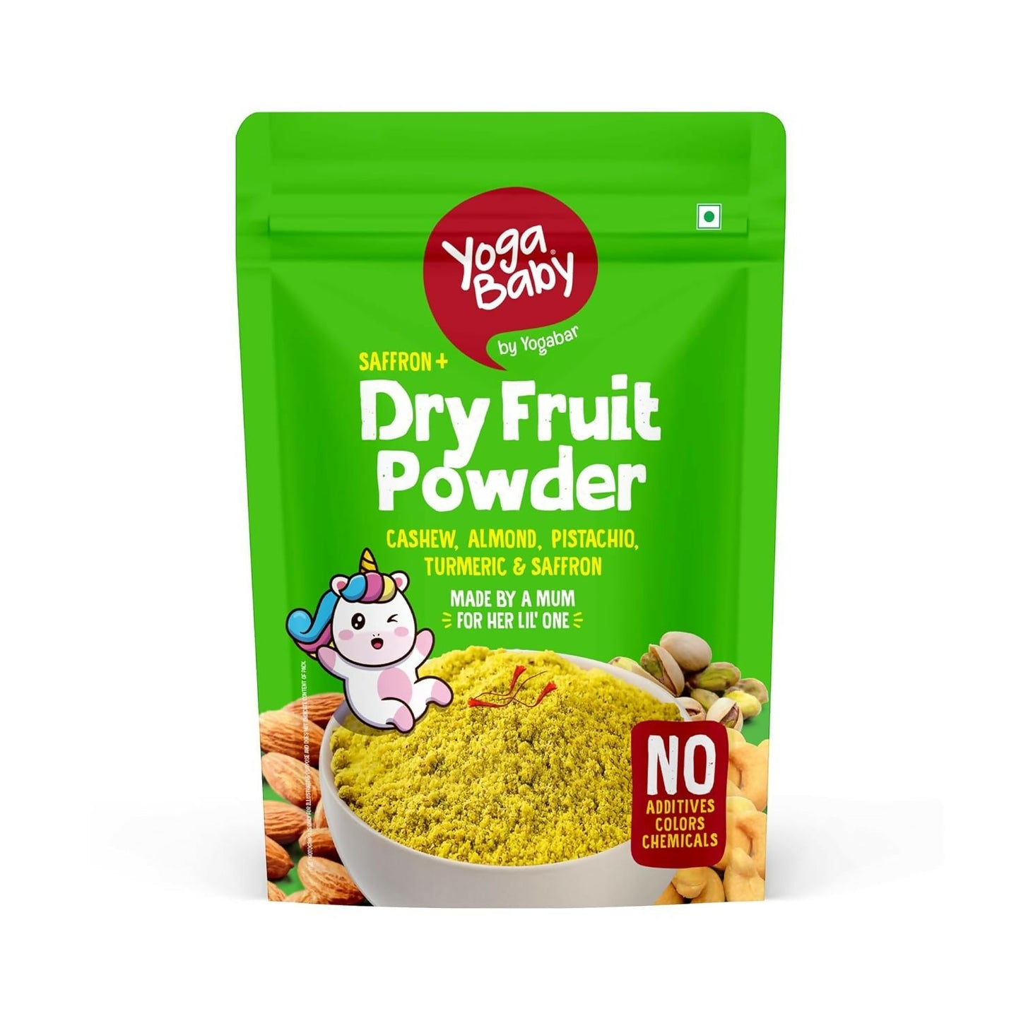 Green package of Yoga Baby dry fruit powder with a cartoon character on a white background