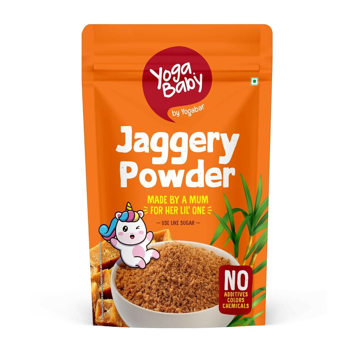 Orange package of Yoga Baby Jaggery Powder with a cartoon character and text on a white background