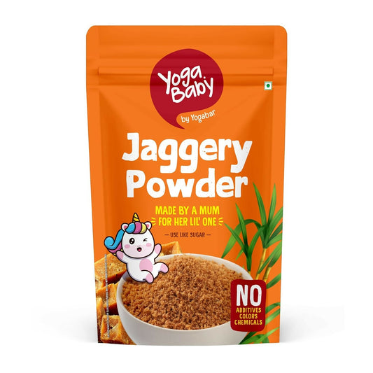 Orange package of Yoga Baby Jaggery Powder with a cartoon character and text on a white background