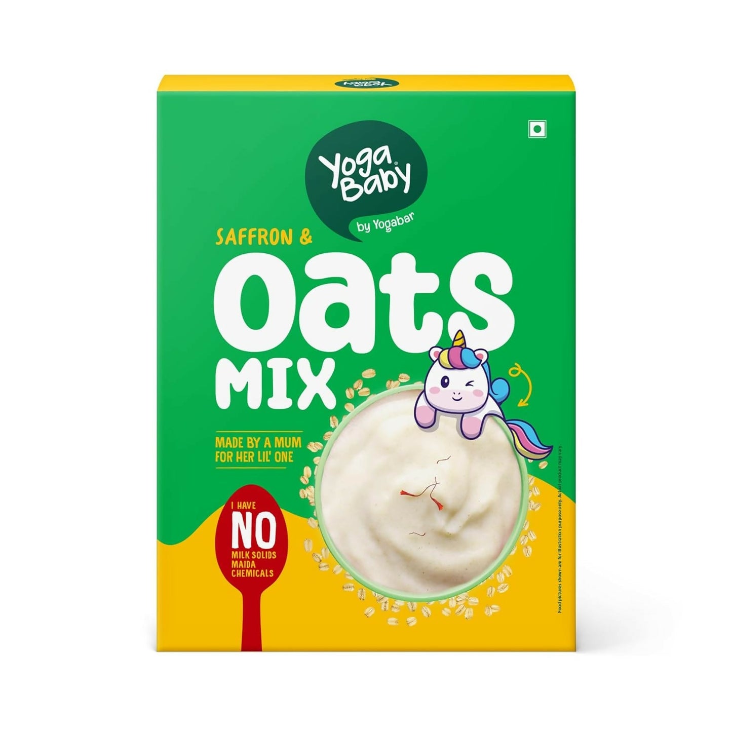 Yoga Baby saffron and oats mix packaging with a green and yellow design.