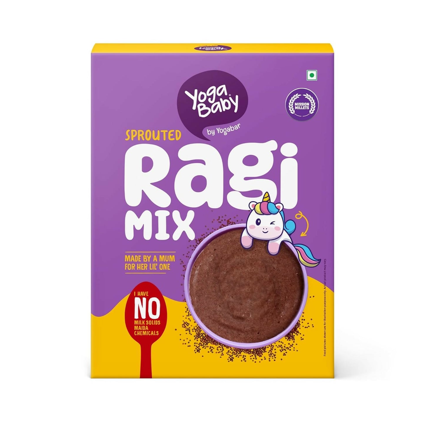 Yoga Baby Ragi Mix packaging with a purple and yellow design on a white background