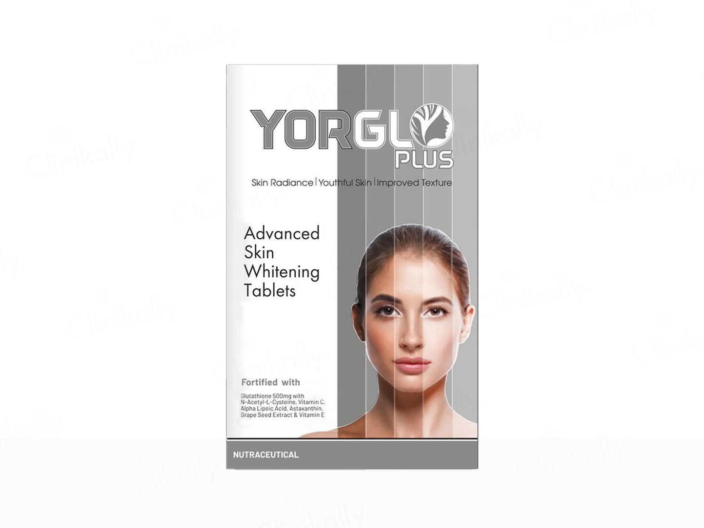 Yorglo Plus Advanced Skin Whitening Tablets packaging with a woman's face on a white background