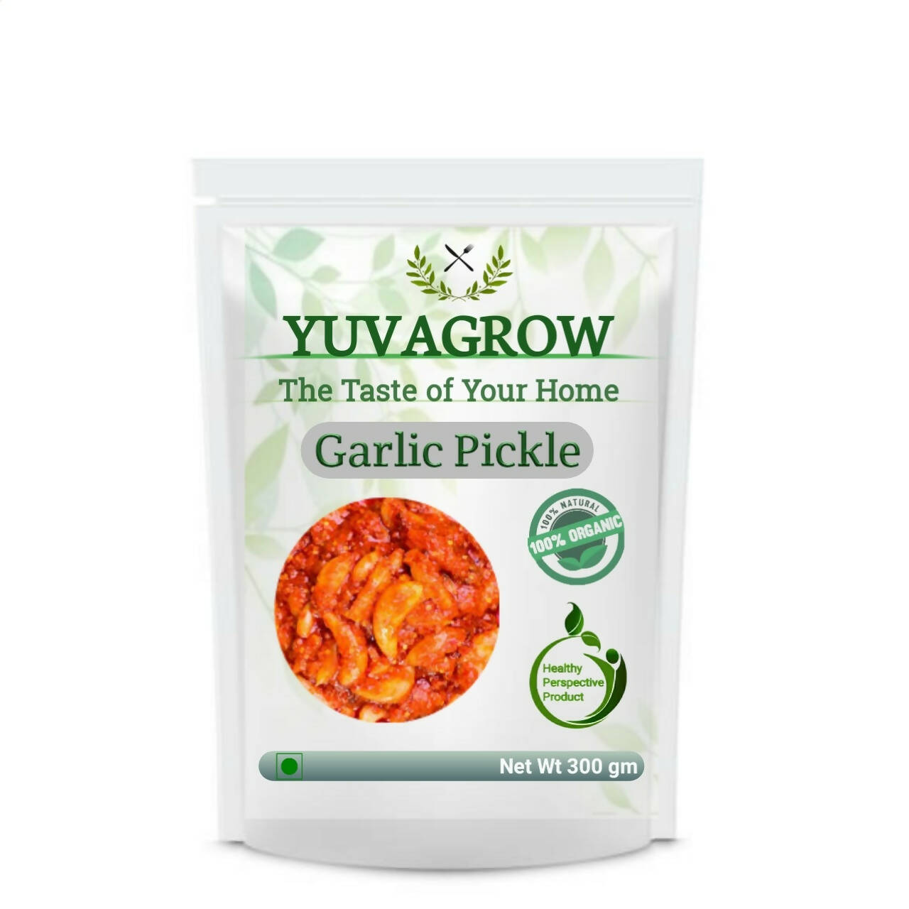 Yuvagrow Garlic Pickle packaging on a white background