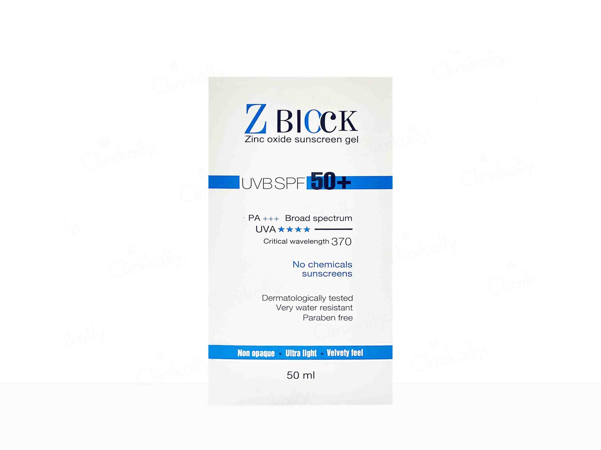 Zinc oxide sunscreen gel packaging with SPF 50+ on a white background