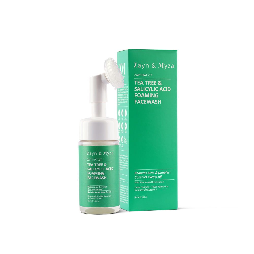 Zayn & Mya tea tree and salicylic acid foaming facewash with packaging on a white background
