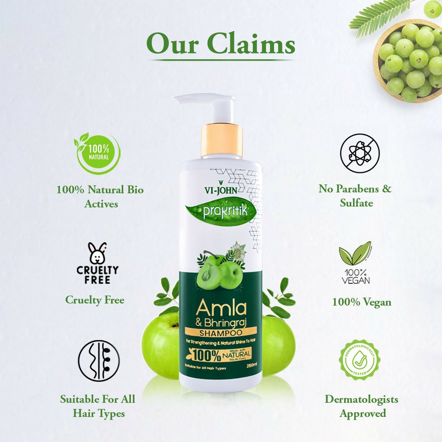 VI-JOHN Prakritik Amla & Bhringraj Shampoo For Strengthening, Made With 100% Natural Bio Actives