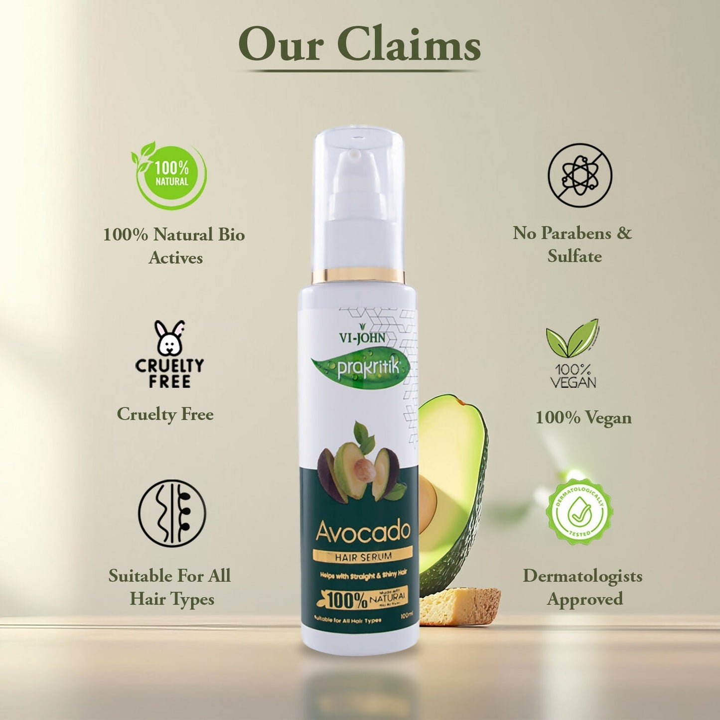 VI-JOHN Prakritik Avocado Hair serum Prevents dryness & Adds shine, 100% Natural Bio-Actives
