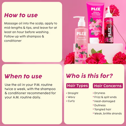 PLIX The Plant Fix Hibiscus Bond Repair Advanced Hair Oil, Shampoo & Conditioner