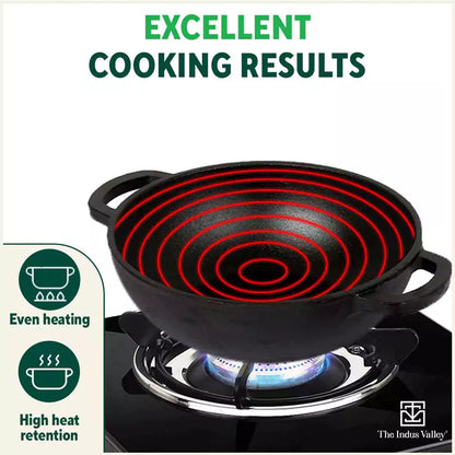 The Indus Valley CASTrong Cast Iron Kadai ,Pre-seasoned, Nonstick, 100% Pure, Toxin-free, Induction, Spatula, 25.4 cm, 2.3L, 2.5kg
