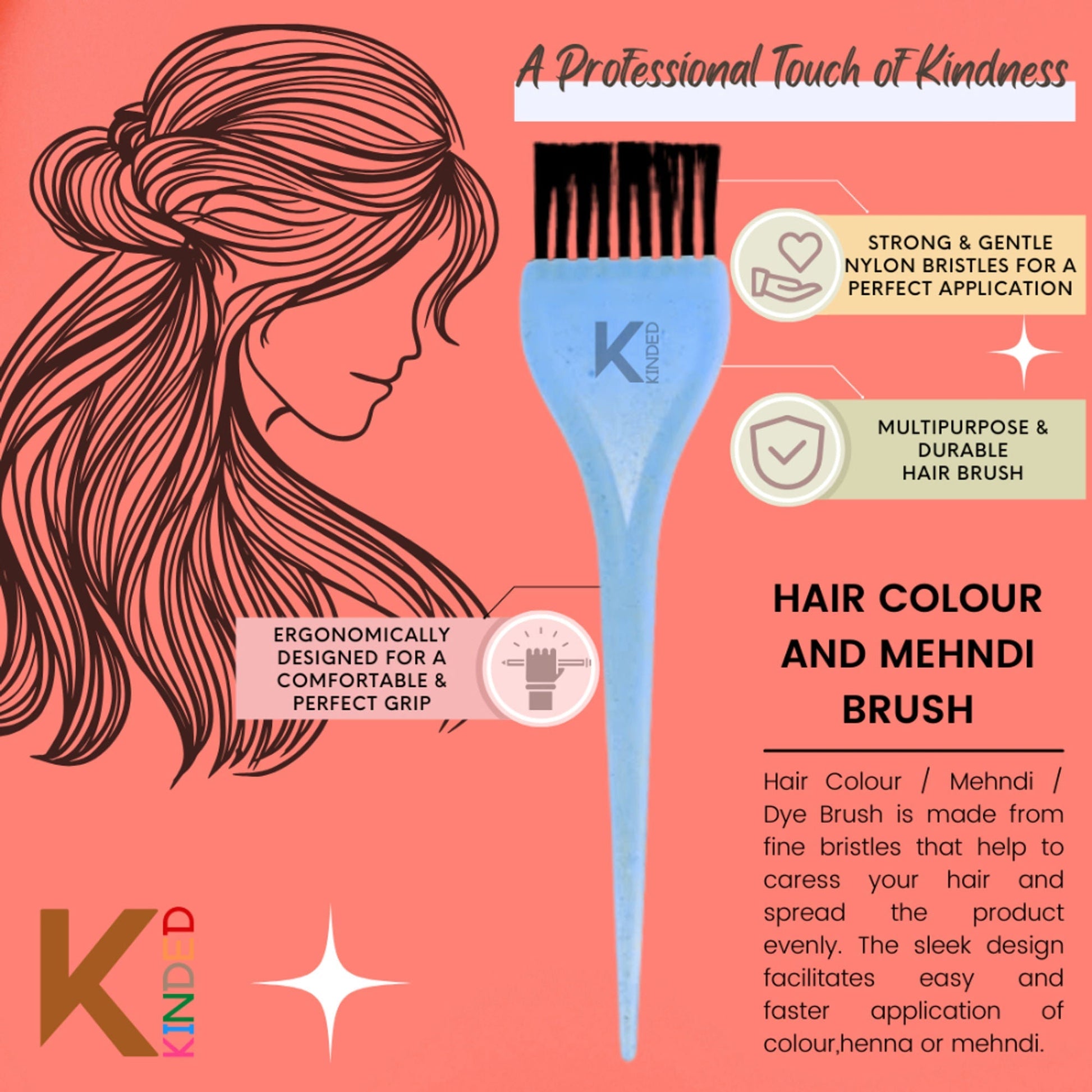 KINDED Multipurpose Black Pink Orange Blue Hair Color and Mehndi Brush Set of 4