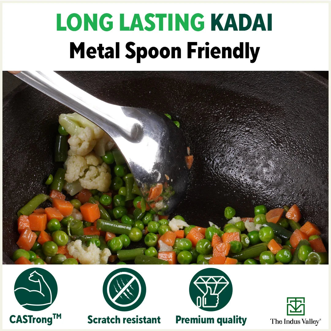 The Indus Valley CASTrong Cast Iron Kadai, Pre-seasoned, Nonstick, 100% Pure, Toxin-free, 20.3cm, 1.4L, 1.5kg