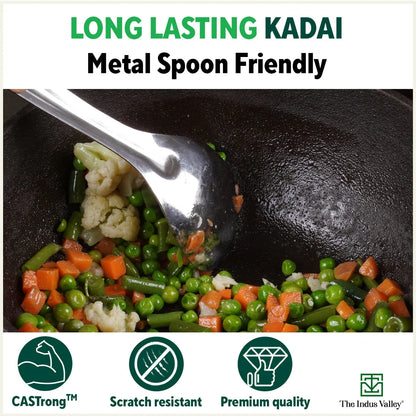 The Indus Valley Super Smooth Cast Iron Kadai,Pre-seasoned, Nonstick, 100% Pure, Toxin-free, Spatula, 25.4cm, 2.5L, 2.4kg