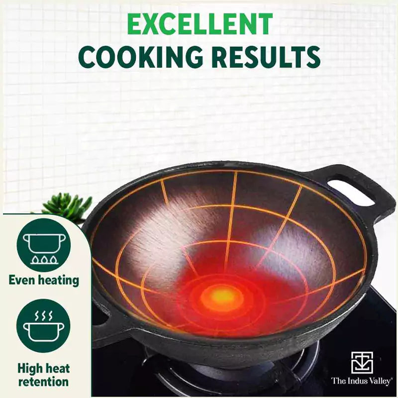The Indus Valley Super Smooth Cast Iron Kadai,Pre-seasoned, Nonstick, 100% Pure, Toxin-free, Spatula, 25.4cm, 2.5L, 2.4kg